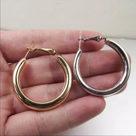 𝅺new Gold Plated Large Chunky Tube Hoop Earrings - Picture 5 of 11